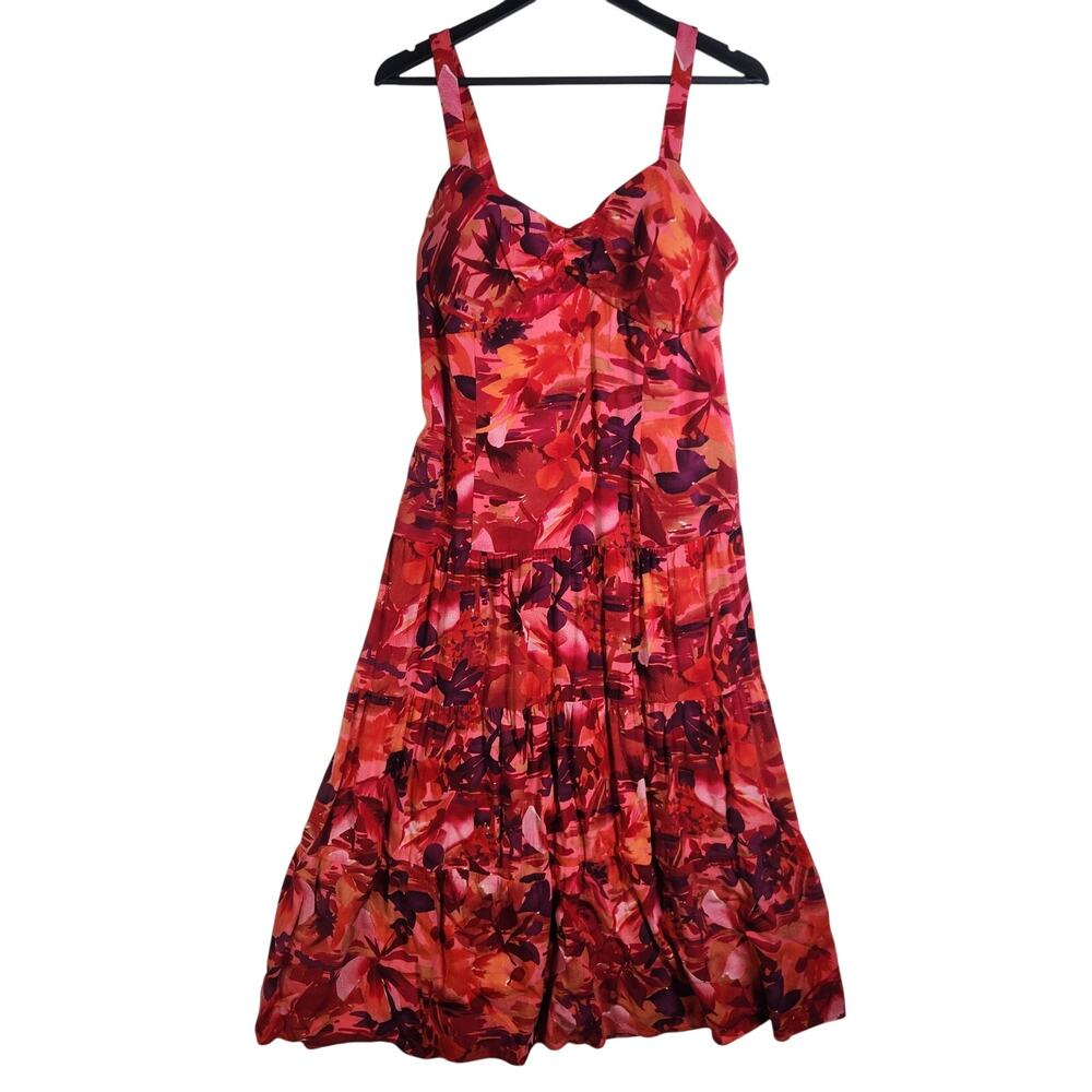 Y2K Tiered Floral Midi Dress Pink Red Rayon Sz 10 Coconut Girl Beach Luau Summer